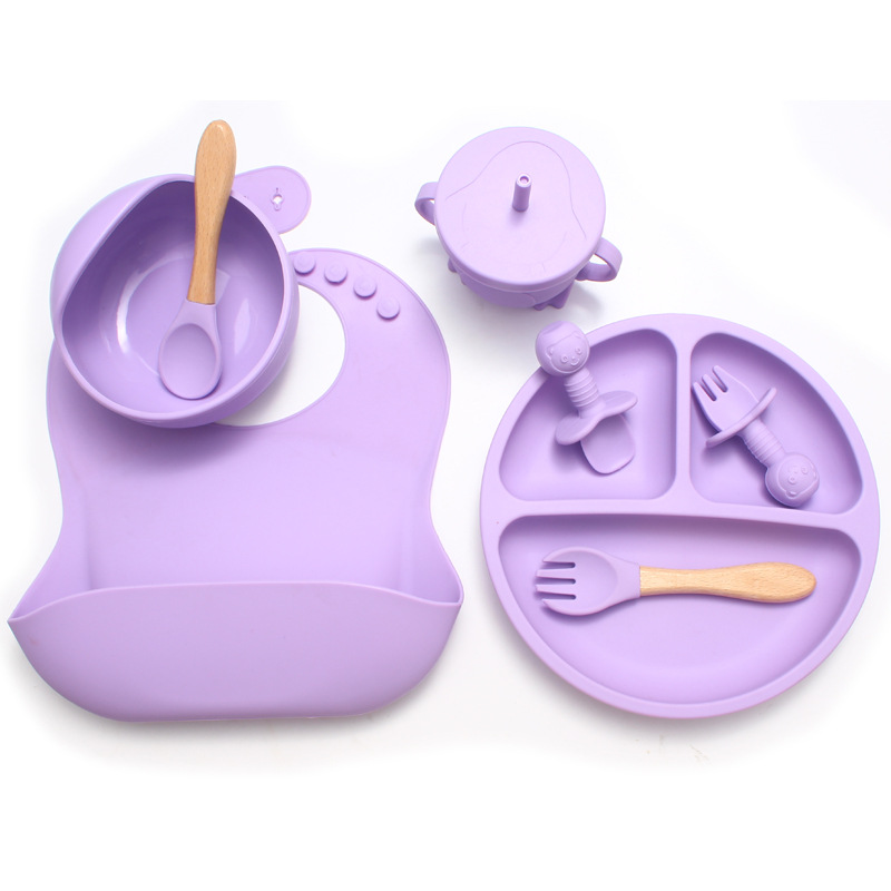 Amazon ベストセラー子供用食器セットスマイリーフェイスシリコンディナープレート離乳食ボウルよだれかけスプーンとフォーク卸売