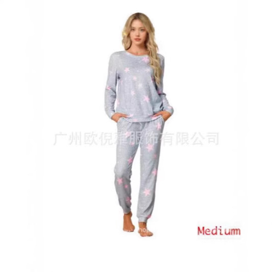 圣诞款2024秋冬家居服欧美女式长袖长裤星星印花睡衣套装星空印花