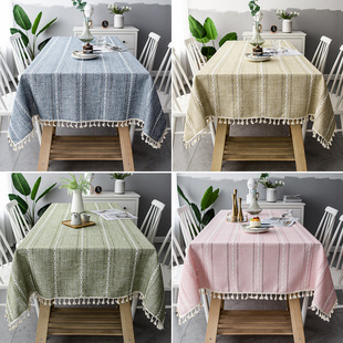 Cross-border Nordic Christmas Tablecloth Hollow Tassel Tablecloth Solid Color Long Striped Jacquard Tablecloth Coffee Table Mat Cotton Linen
