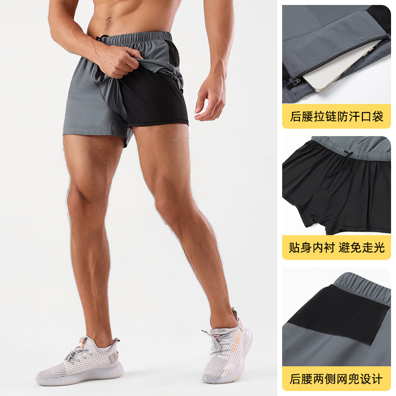 Pantalones cortos deportivos de tres puntos para hombres de verano de secado rápido que absorbe la humedad maratón profesional corriendo pantalones de entrenamiento físico de doble capa anti-exposición