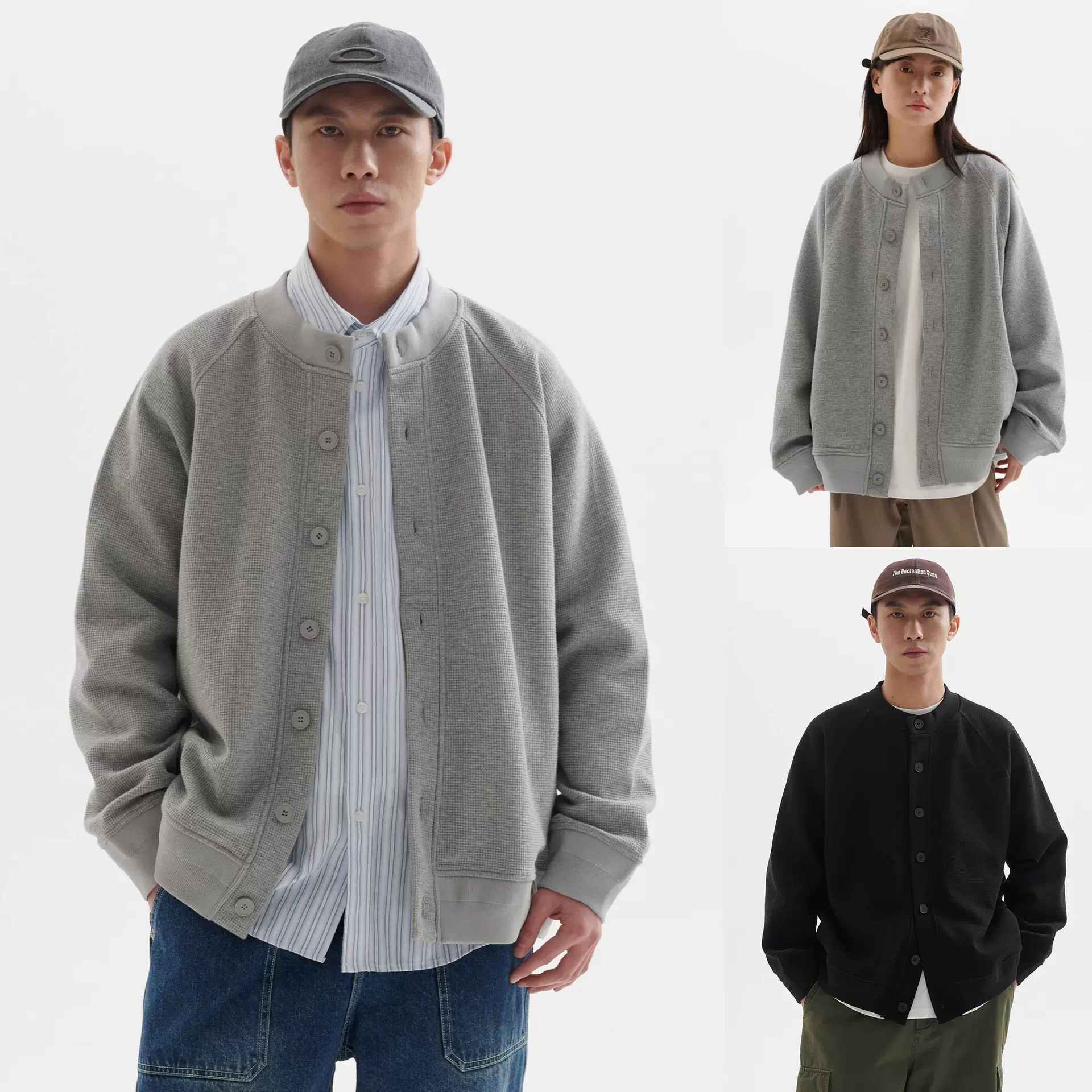 华夫格开衫卫衣男纯色百搭痞帅春秋夹克韩系chic潮牌外贸跨境批发