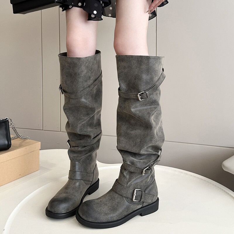2026 Korean-style autumn and winter niche gray pleated stacked boots, knee-high long boots for women, over-the-knee stacked boots