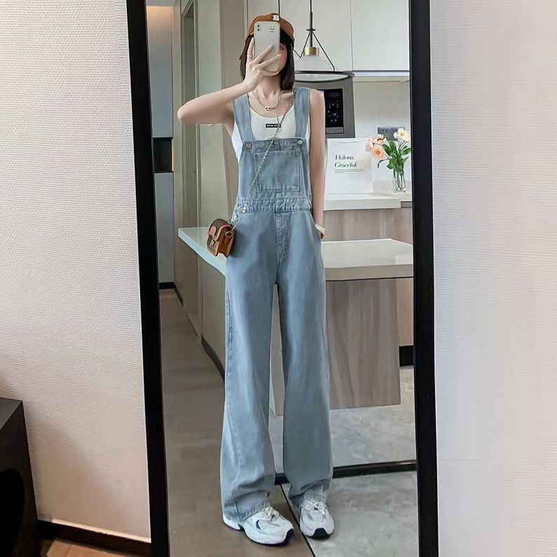 Light Color High Waist Wide Leg Denim Overalls Women's Summer Small Loose Slim-fit Straight Mop Pants for Children