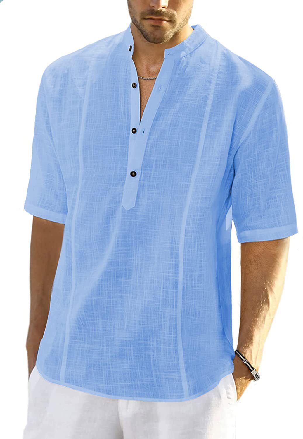 2023 Nueva camisa de lino informal cómoda con mangas medianas para ropa de hombre_voghion.com