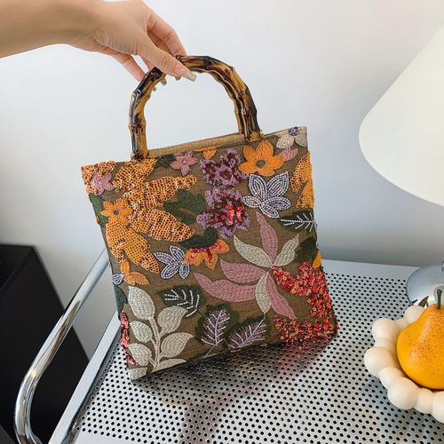 Elegant Bamboo-Node Handbag with Colorful Sparkling Beads, Retro Women's Shoulder Bag, Heavy Work Embroidery Trendy Evening Purse