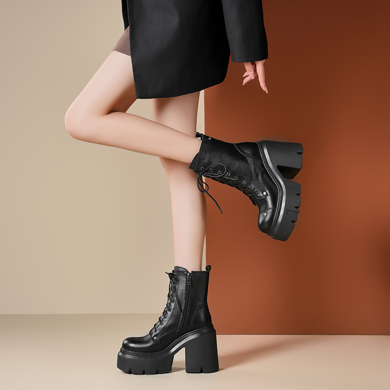 Boot nữ da mềm mũi tròn gót thô đế dày dây buộc — Lót nhung đen