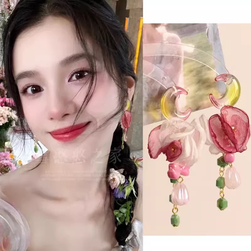 张婧仪同款耳环月亮花朵耳饰耳坠2025新款女个性夸张耳钉夏天旅游|undefined