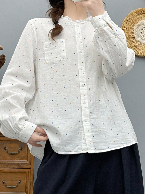 Artistic Polka Dot Lace Collar Long-Sleeve Shirt for Women, Loose Fit, Slimming, Versatile Casual Top, Cotton Gauze Shirt, Sun Protection Jacket