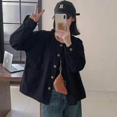 82412洋气圆领大口袋单排扣休闲外套 女简约2025秋装新款显瘦上衣