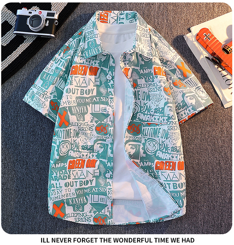 Men's Hawaiian Style Printed Short Sleeve Shirt Trendy Loose Casual Lapel Beach Wear_viptrois.com