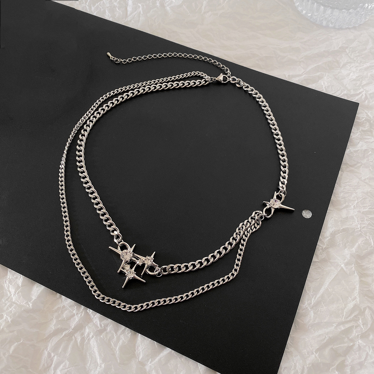 Vintage Double Layered Hollow Chain Inlaid Diamond Star Titanium Steel Necklace display picture 4