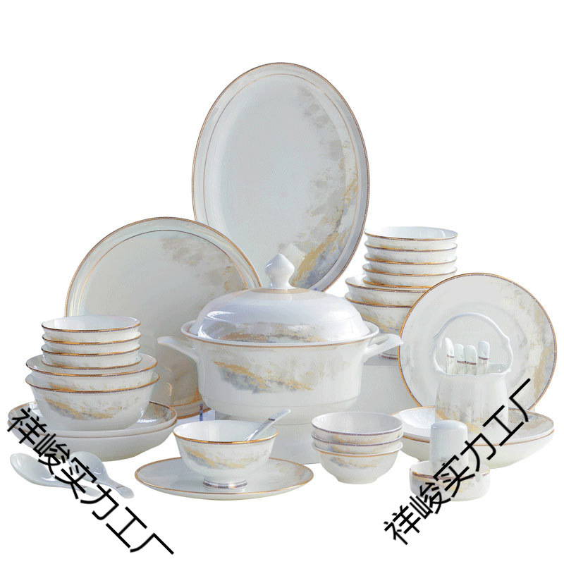 Ceramic Bowl Household Jingdezhen Accessible Luxury Bone China Tableware Set Dish Set Household Housewarming Gift Bowl and Plate