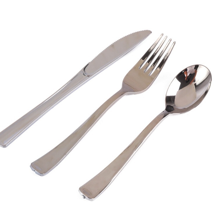 Factory direct plastic plating stainless steel disposable knife, fork and spoon set Western food knife, fork and spoon three-piece set Wholesale