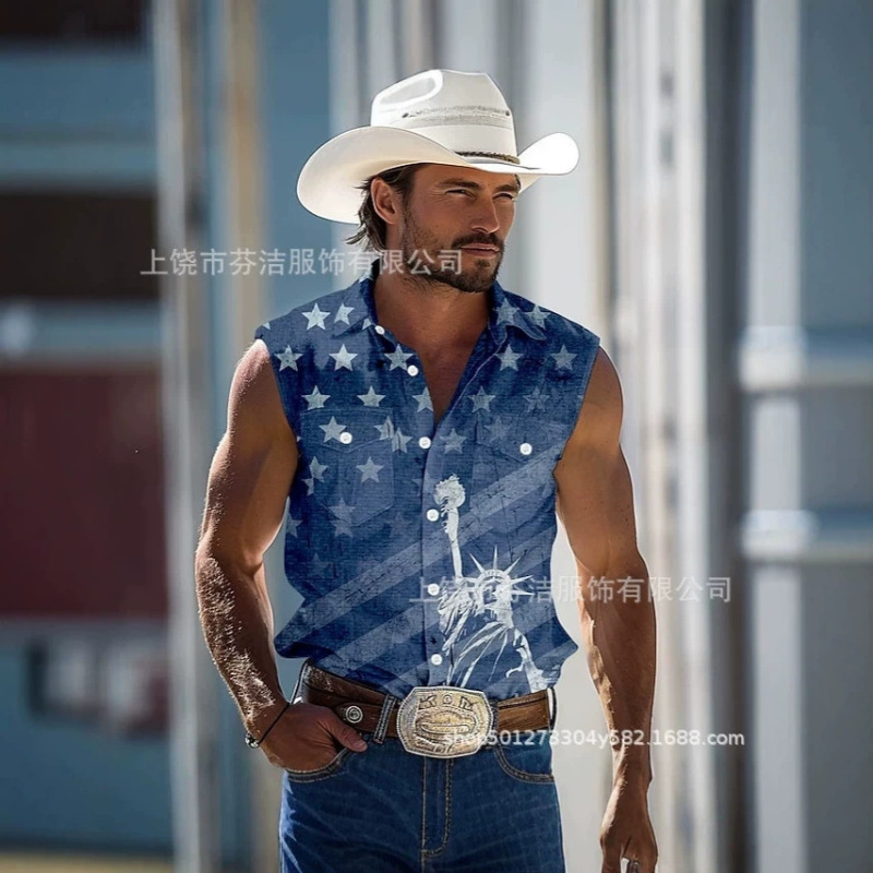 2026 Cross-Border American Western Cowboy Style Sleeveless Shirt for Men, Tough Guy Lapel Retro Breathable Button-Up Casual Top