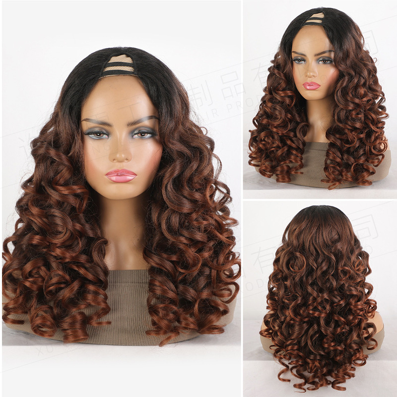 European and American Style Black Fluffy V-Shaped Yaki Wig Long Curly Hair Clip-In Half Wig V Part Wigs