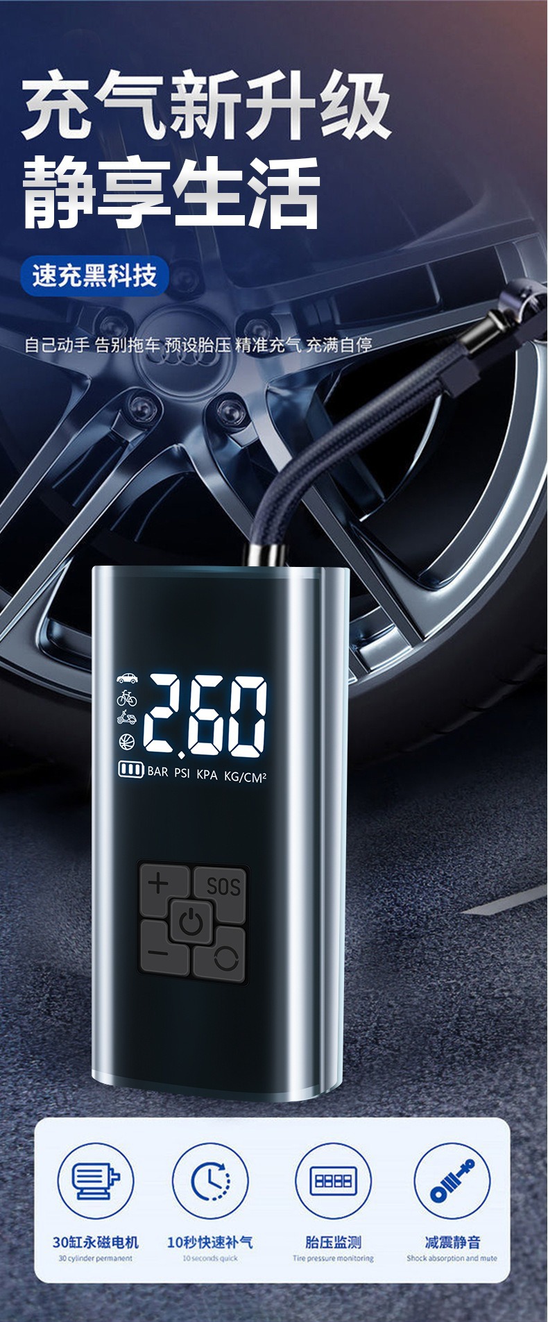 Wireless portable multi-functional car air pump with digital display, emergency air pump, electric car tire inflator
