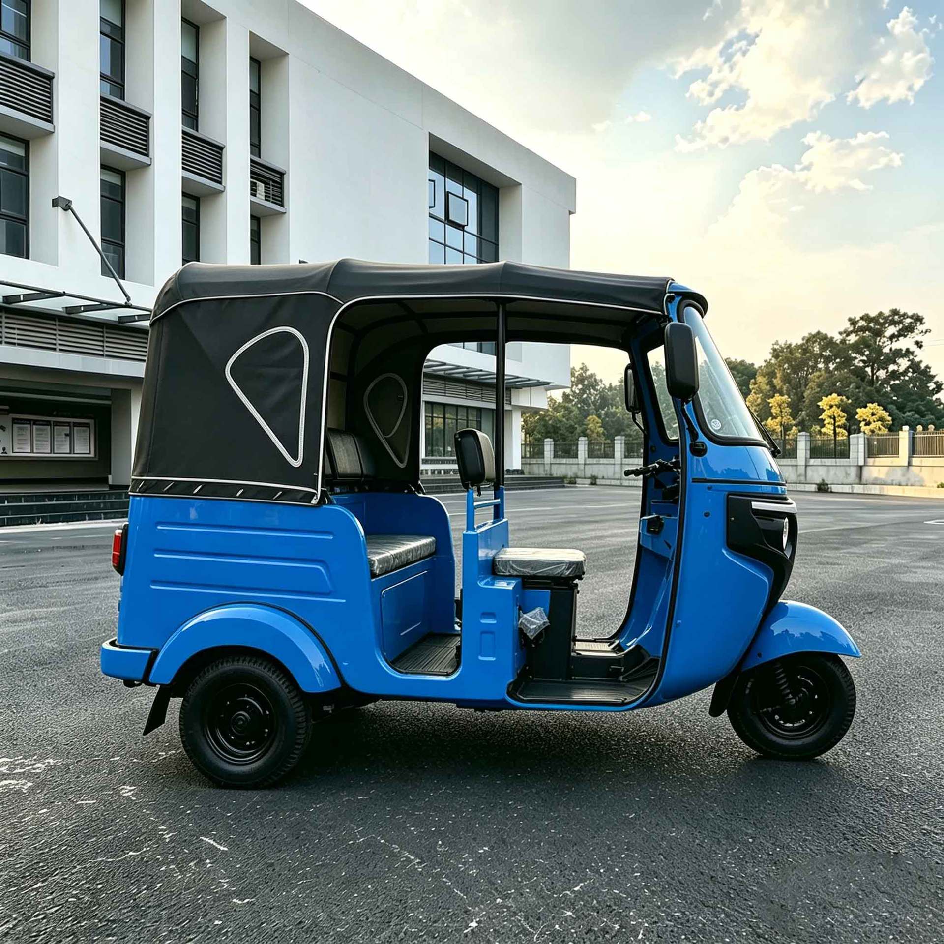 Electric passenger tourist tricycle with front shock absorber and swing arm, passenger-dedicated tuktuk for export, cross-border, blue