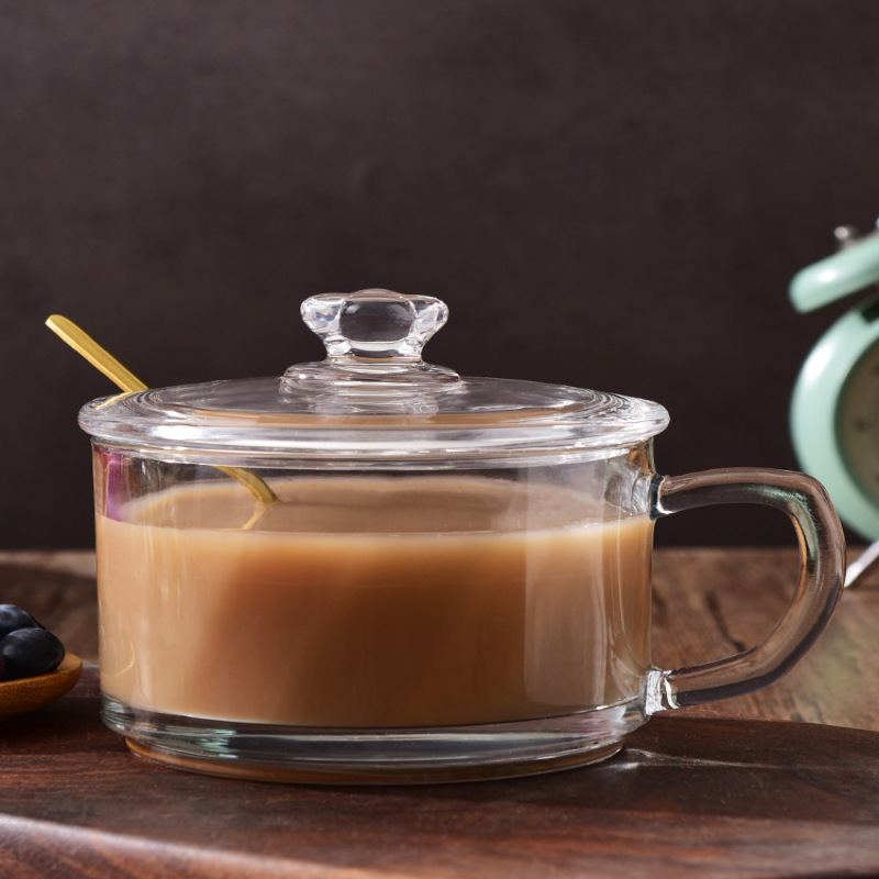 耐热玻璃杯微波炉加热早餐杯透明水杯牛奶杯家用蒸蛋碗带把带盖杯