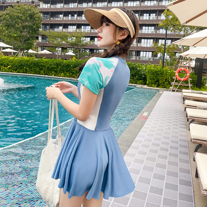 Traje de baño de manga larga estilo deportivo de las mujeres casual slim fit adelgazamiento split Boxer falda de dos piezas conjunto vacaciones traje de baño de aguas termales