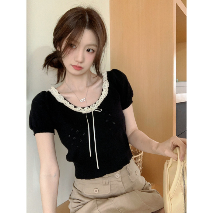 2025年夏新作 レース透かし彫りリボン付きニット半袖Tシャツ レディース 可愛いスリムフィット 学生向けトップス トレンド|undefined