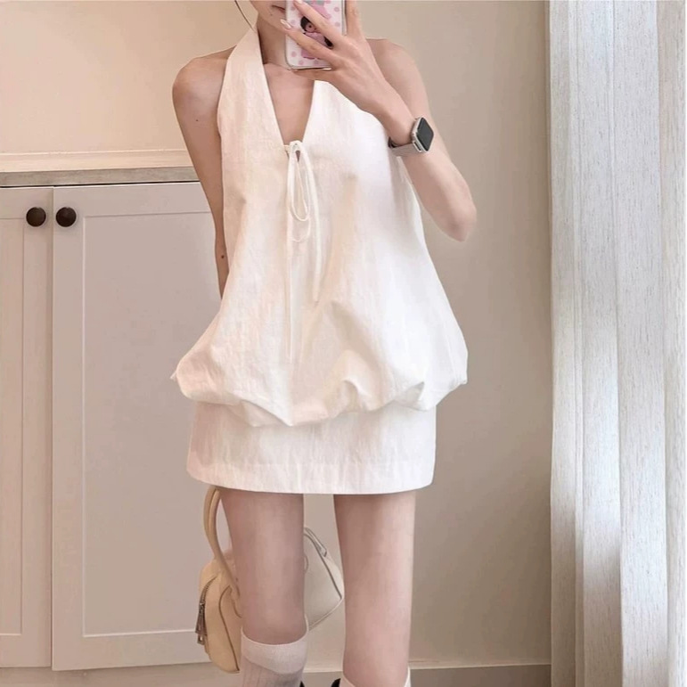 2026 New Elegant White Sleeveless Halter Neck Dress for Women, Summer Korean Style Outfit, Full Set Bodycon Dress 2026 New Elegant White Sleeveless Halter Neck Dress for Women, Summer Korean Style Outfit, Full Set Bodycon Dress