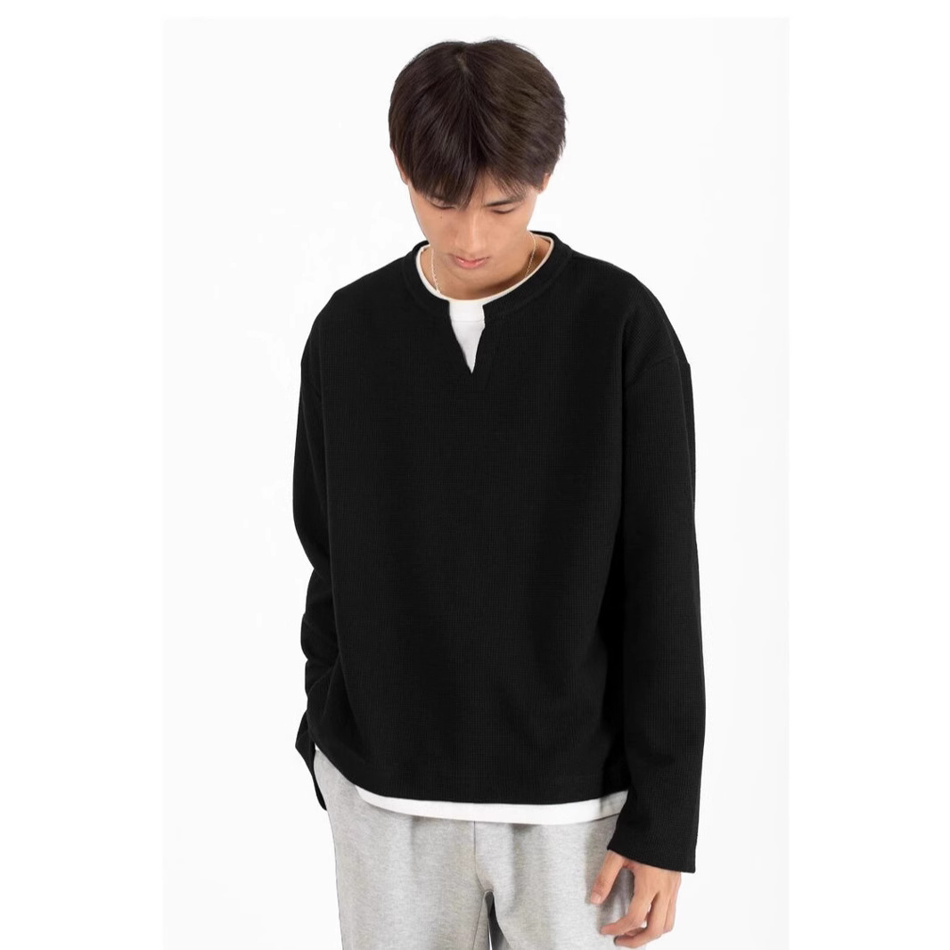 Men's Clothing Waffle Knit Henley Neck Long Sleeve T-Shirt With Double-Layered Collar & V-Neck Design - Casual Loose Fit Pullover For Everyday Wear_voghion.com