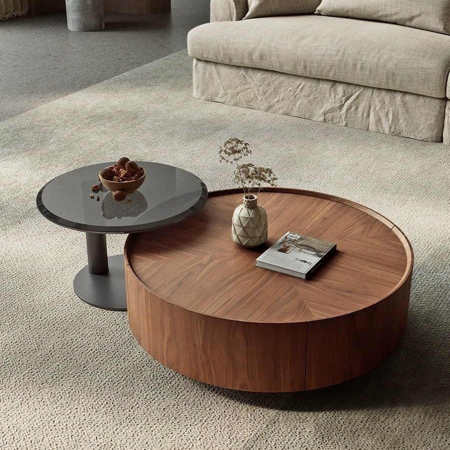 Medieval Style Coffee Table Walnut Round Coffee Table Light Luxury High-End Minimalist Modern Living Room Small Apartment Round Nordic