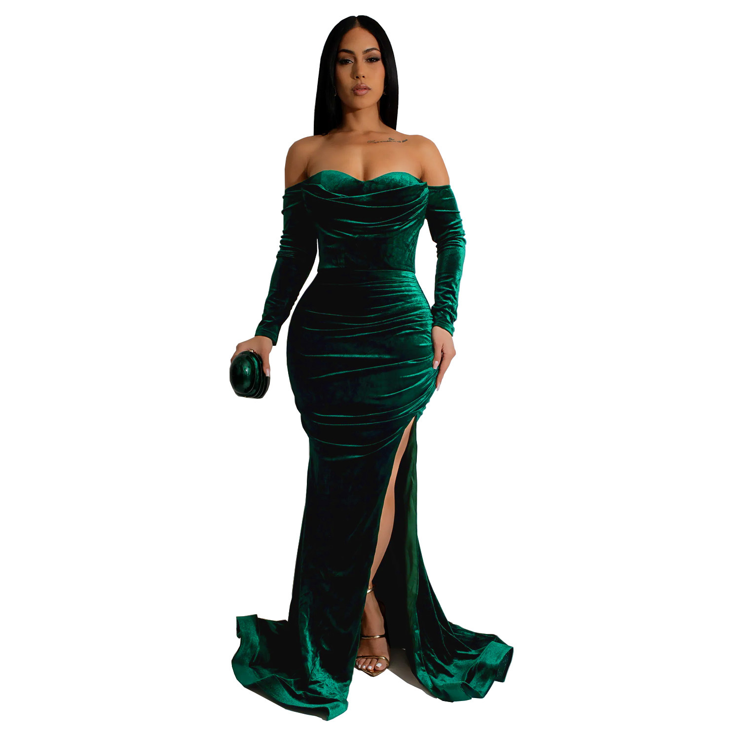 C7157 Aliexpress transfronterizo Amazon Europa y América ropa de moda de mujer de color sólido vestido de noche bifurcado vestido de pecho bajo nuevo image 8