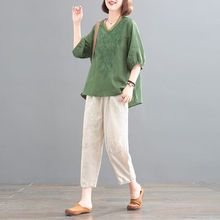 新款韩版大码显瘦绣花两件套v领时髦棉麻套装女夏装 减龄