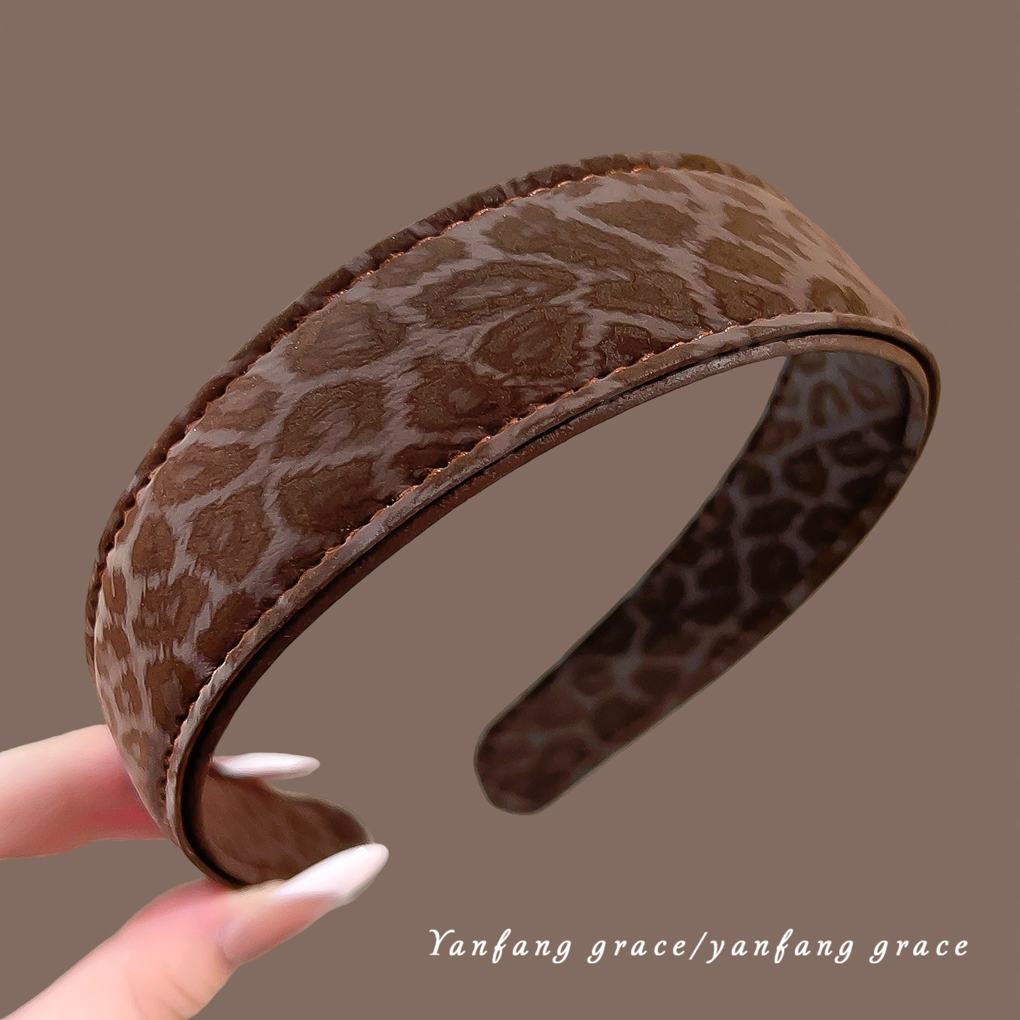 Brown leather leopard print headband