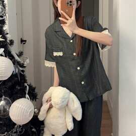 复古绿底碎花波点睡衣女夏短袖长裤蕾丝花边宽松可外穿家居服套装