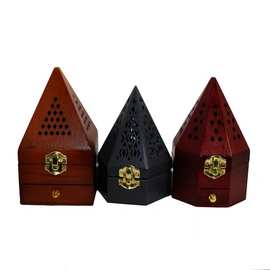复古木质香炉金字塔造型香薰盒镂空沉香盒摆件家居禅意线香盒香插