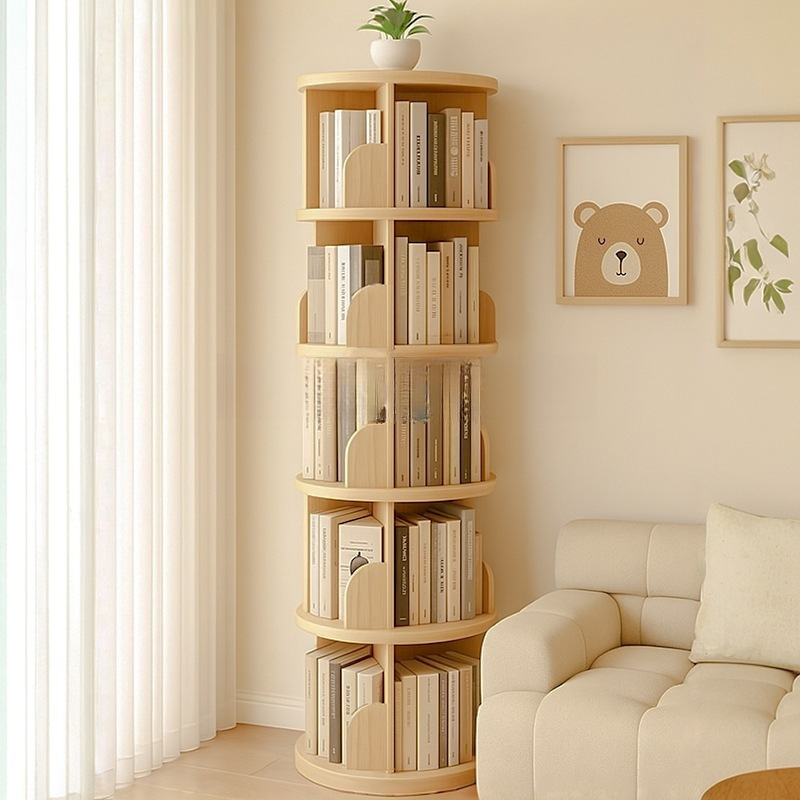 菲特博实木书架落地置物架360度旋转绘本架客厅置物柜靠墙柜子儿