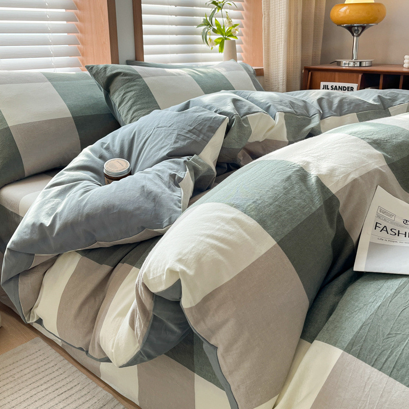 Juego de cuatro piezas de algodón lavado teñido en hilo para estudiantes 2025 nuevo juego de sábanas de edredón de dormitorio de estudiantes de tres piezas