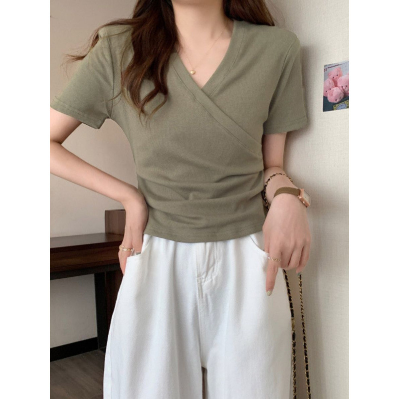 Vネックショルダー半袖Tシャツレディースコットン夏新作ニッチ気質スリムフィットショート甘辛クロストップ|undefined