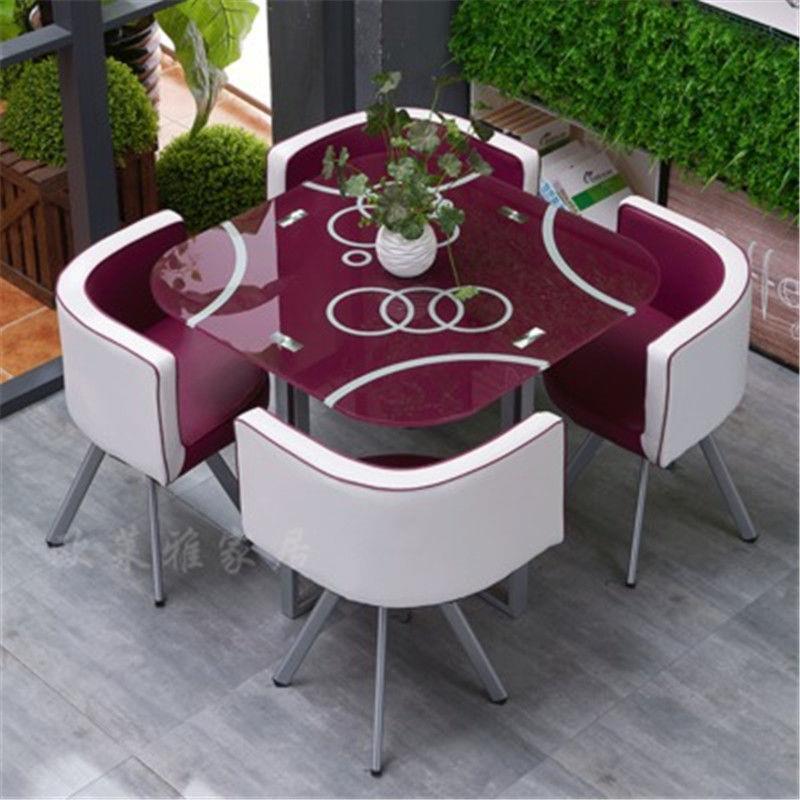 Mesa y sillas de comedor modernas, mesa redonda pequeña de vidrio templado, mesa y sillas para recepción y negociación, una mesa y cuatro sillas, cocina de inducción.