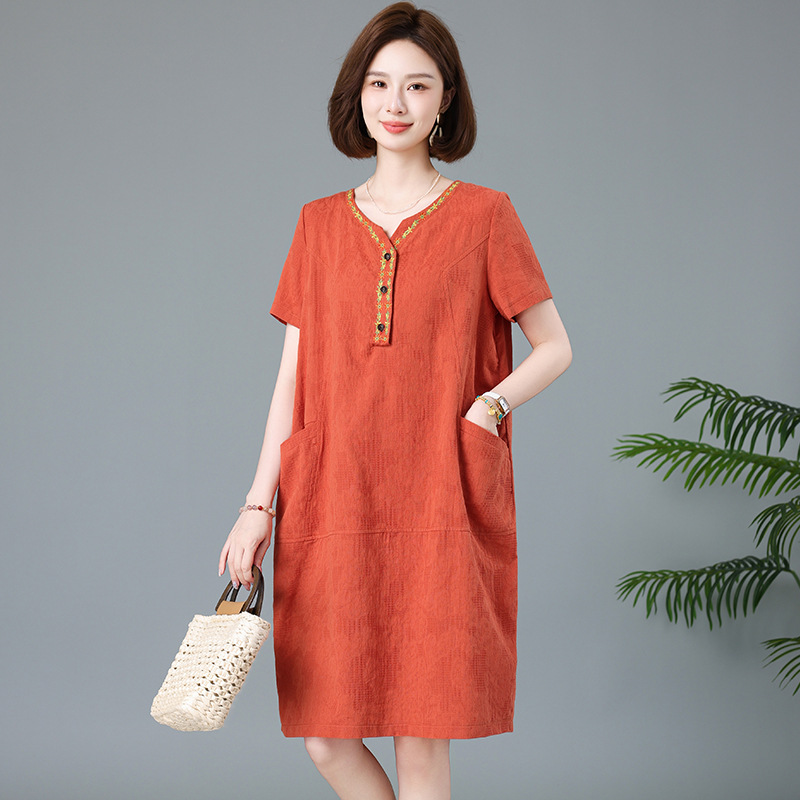 妈妈纯棉连衣裙2025夏季新款中老年女夏装中长款大码宽松洋气裙子|undefined