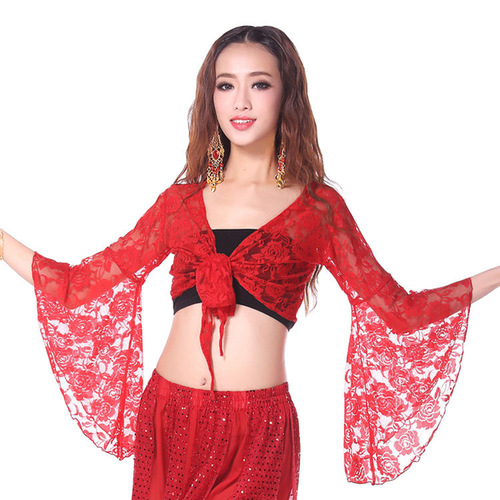 Adult women black red blue lace belly dance top adjustable bra top blouse long trumpet sleeve belly practice lace shawl long sleeve tops capes