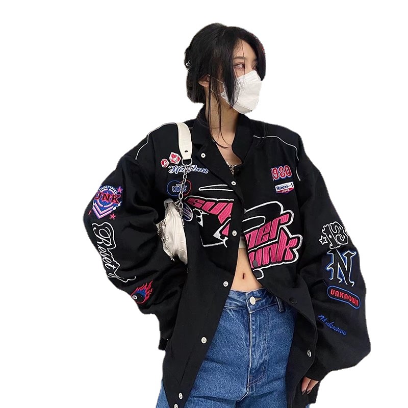 Uniforme de carreras estadounidense uniforme de béisbol hombres y mujeres otoño nuevo retro bordado suelto chaqueta de la motocicleta chaqueta ins moda