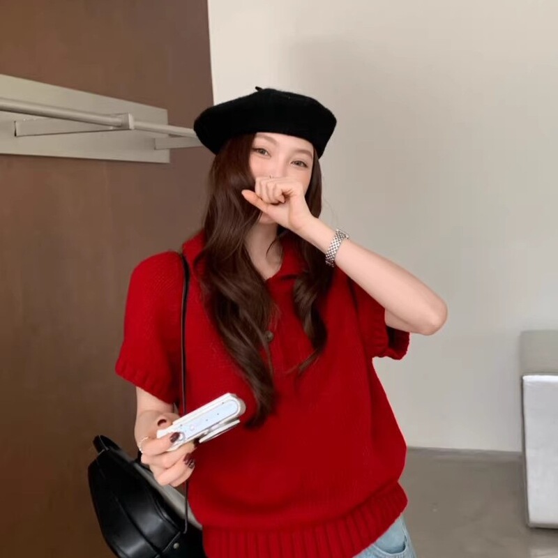 2025 Korean Style Autumn and Winter New Fashion Trendy Loose Versatile Retro Lapel Short-Sleeve Knit Sweater for Women