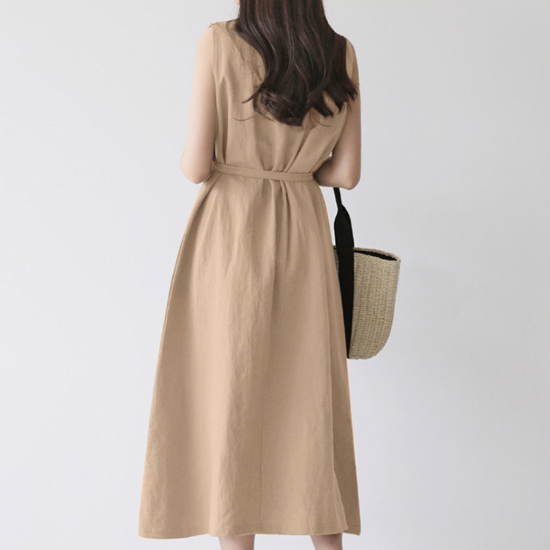 European And American Cross-border Women's Fashion Loose Bohemian Sleeveless Round-neck Solid Color Cotton-linen Long_ecoleips.com