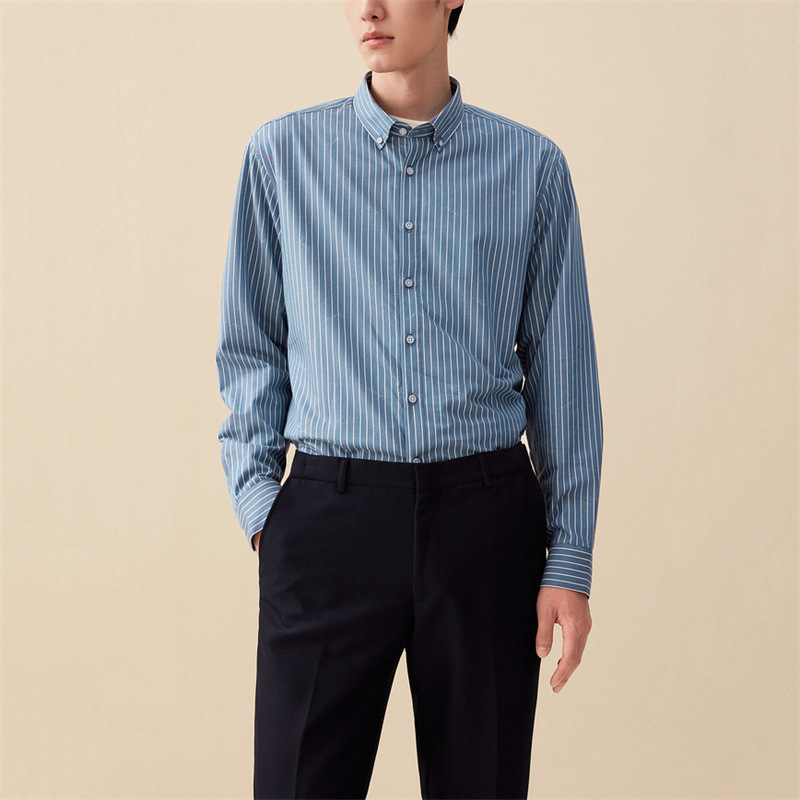 品牌剪标男装冬季新款男士扣领休闲条纹加绒保暖长袖衬衫C4D255