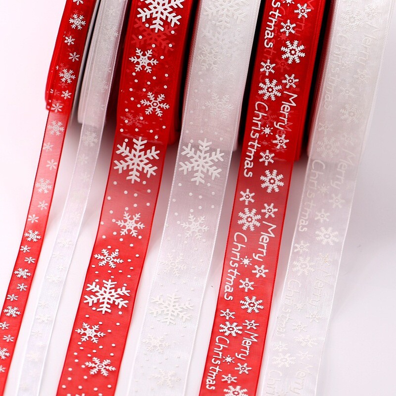 Cross-Border Popular Christmas Decoration Transparent Snowflake Ribbon Gift Box Packaging Hair Accessories DIY Material Printed Gauze Ribbon