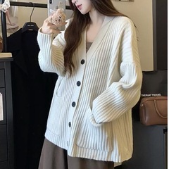 毛衣外套女秋冬新款宽松纯色韩版慵懒风显瘦百搭外穿针织上衣白色