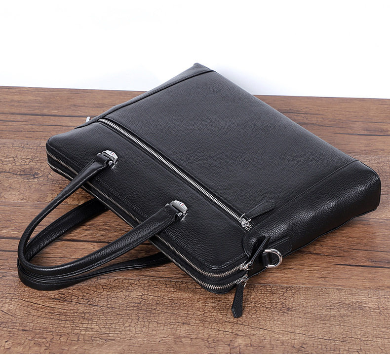 Cặp công sở mỏng da bò thật hai dây kéo, túi xách tay đeo chéo vai cho nam, đựng laptop 14 inch, 38,5×6×28 cm — Màu đen chi tiết 21