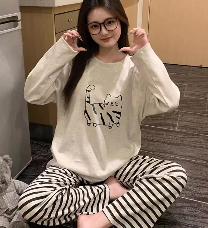 긴팔 그레이 펜 라인 고양이 연회색 블랙 스트라이프 팬츠