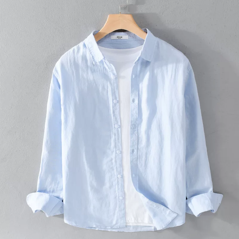 Мужская рубашка с длинным рукавом из хлопка и льна, повседневный универсальный стиль