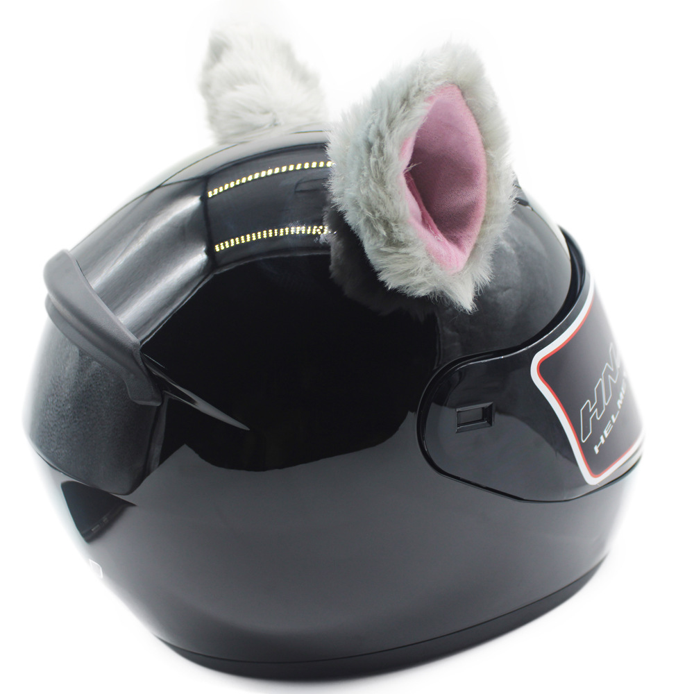 Motuoche Helmet Decoration Plush Helmet Cat Ears Motorcycle Electric Vehicle (Auto Parts and Accessories) - gray-pink-inside