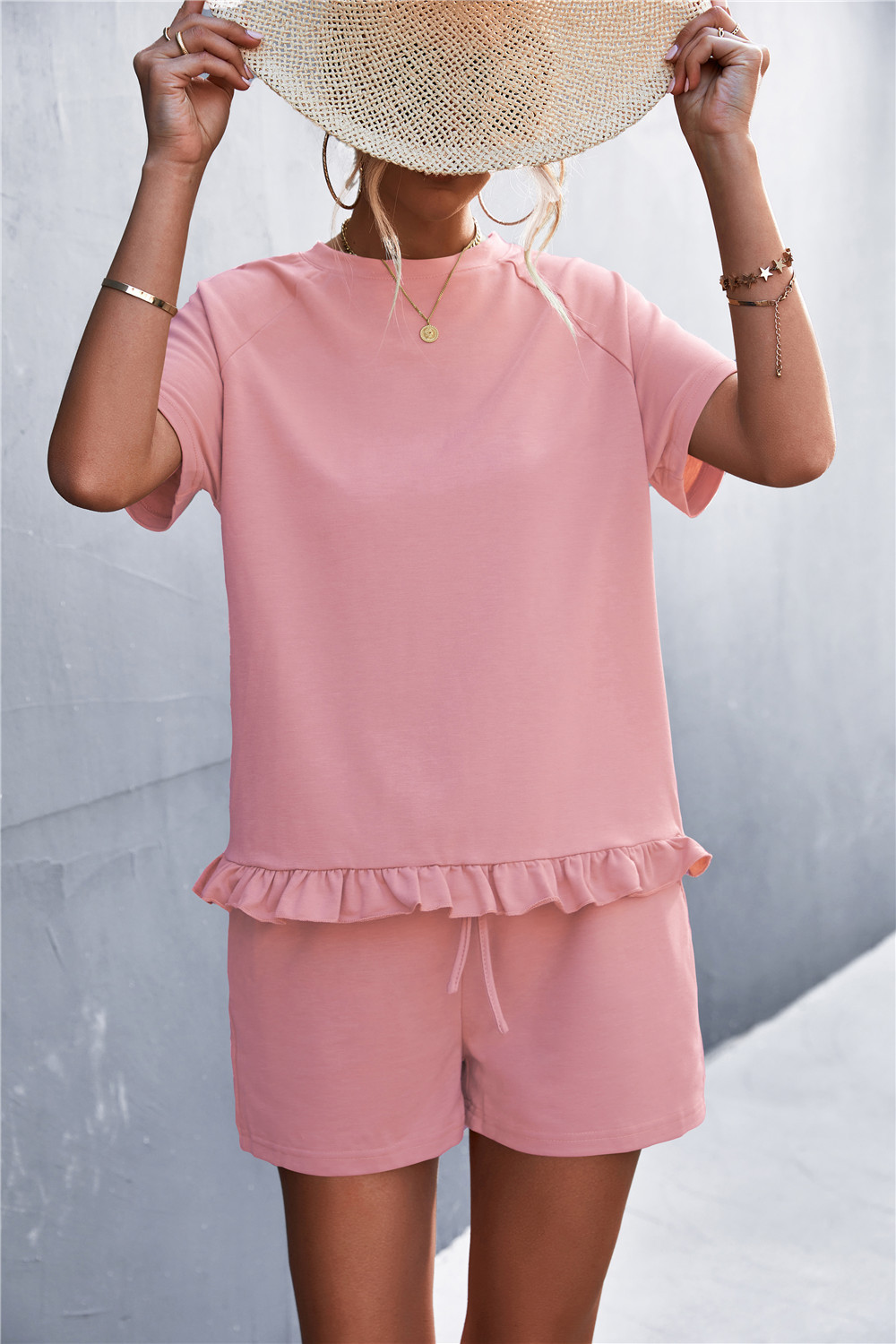 2023 Spring/Summer New Solid Round Neck Ruffled Short Sleeve Shorts Casual Set_voghion.com