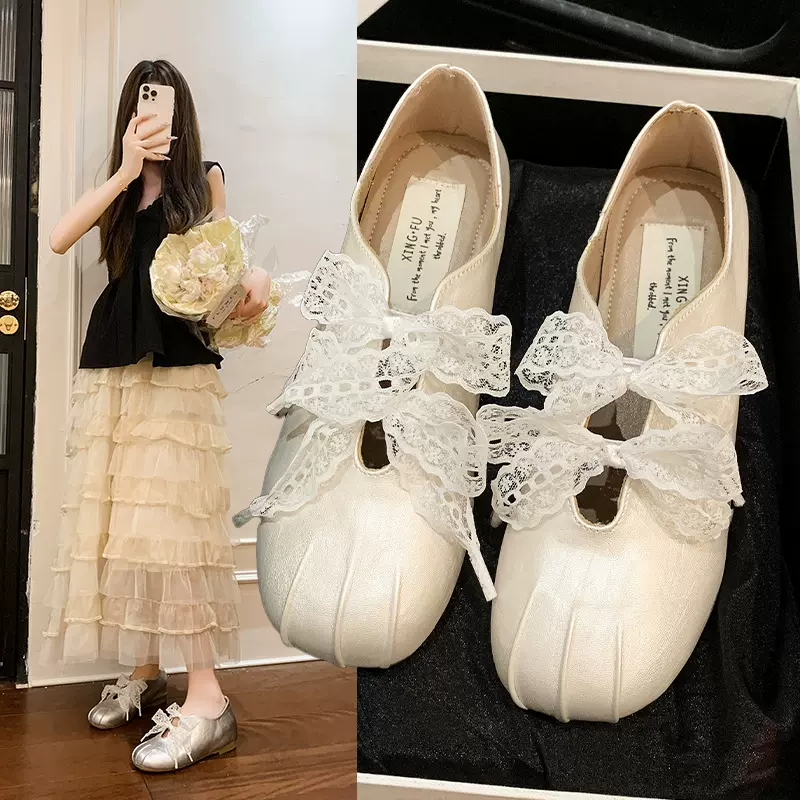 平底芭蕾风蕾丝单鞋黄色半拖凉鞋女夏外穿韩版小皮鞋配裙子玛丽珍